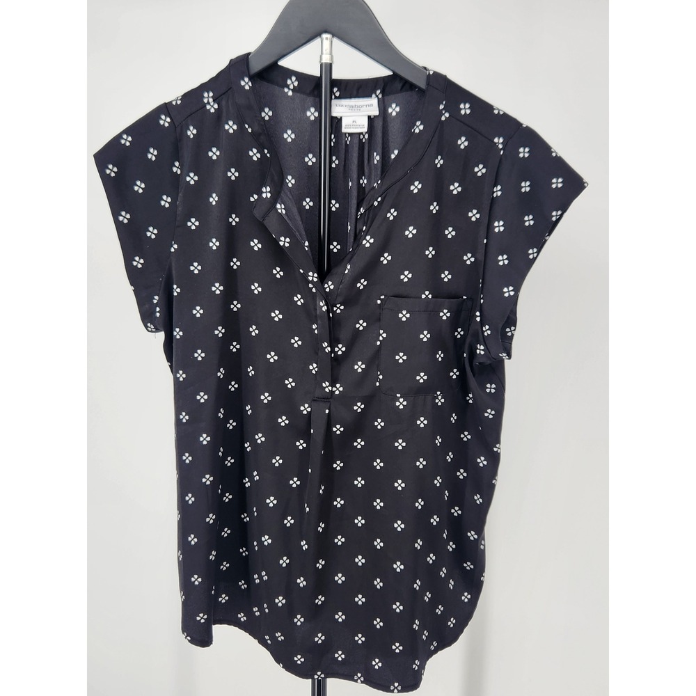 Liz Claiborne Petite Black White Floral Print Short Sleeve Blouse PL Pocket